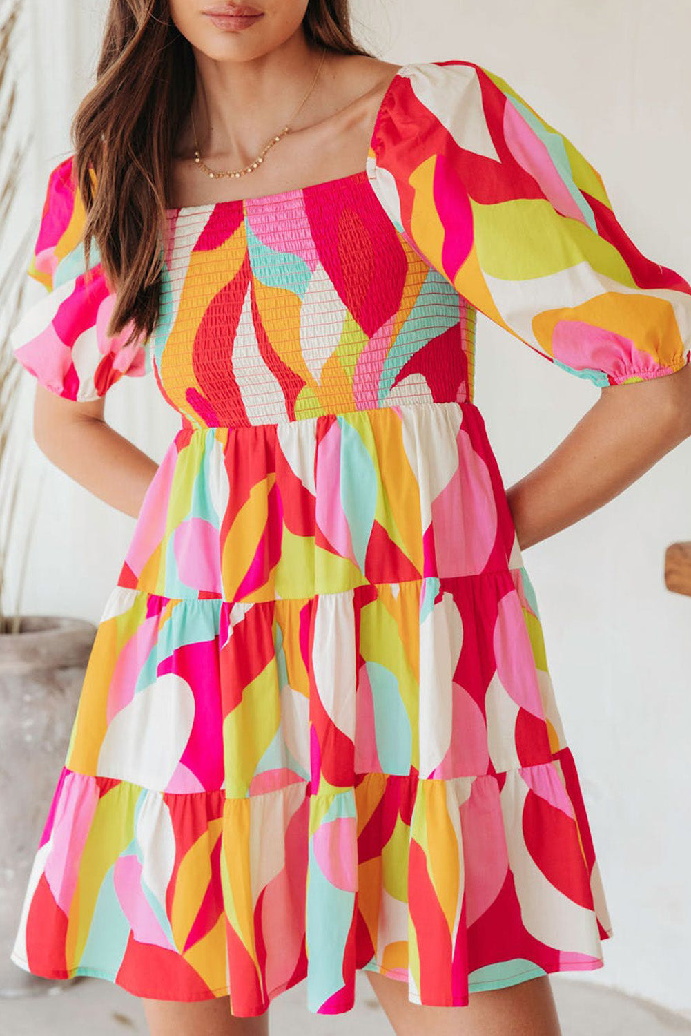 Multicolor Geometric Print Smocked Babydoll Mini Dress