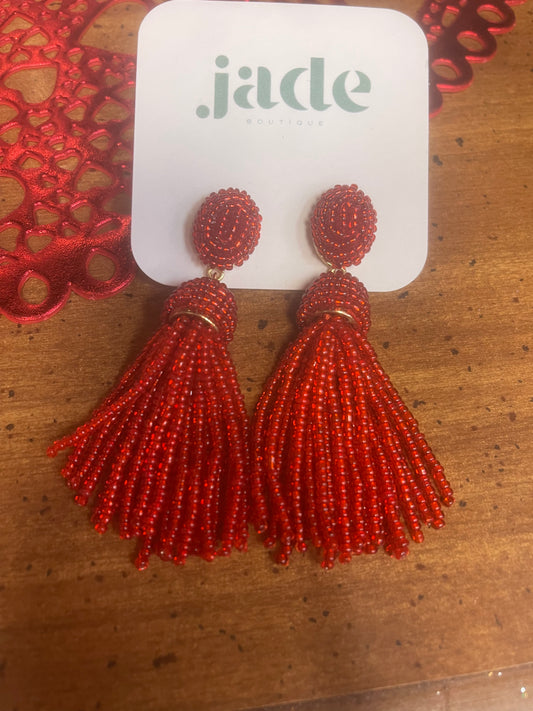 Red Tassel Beaded Earrings