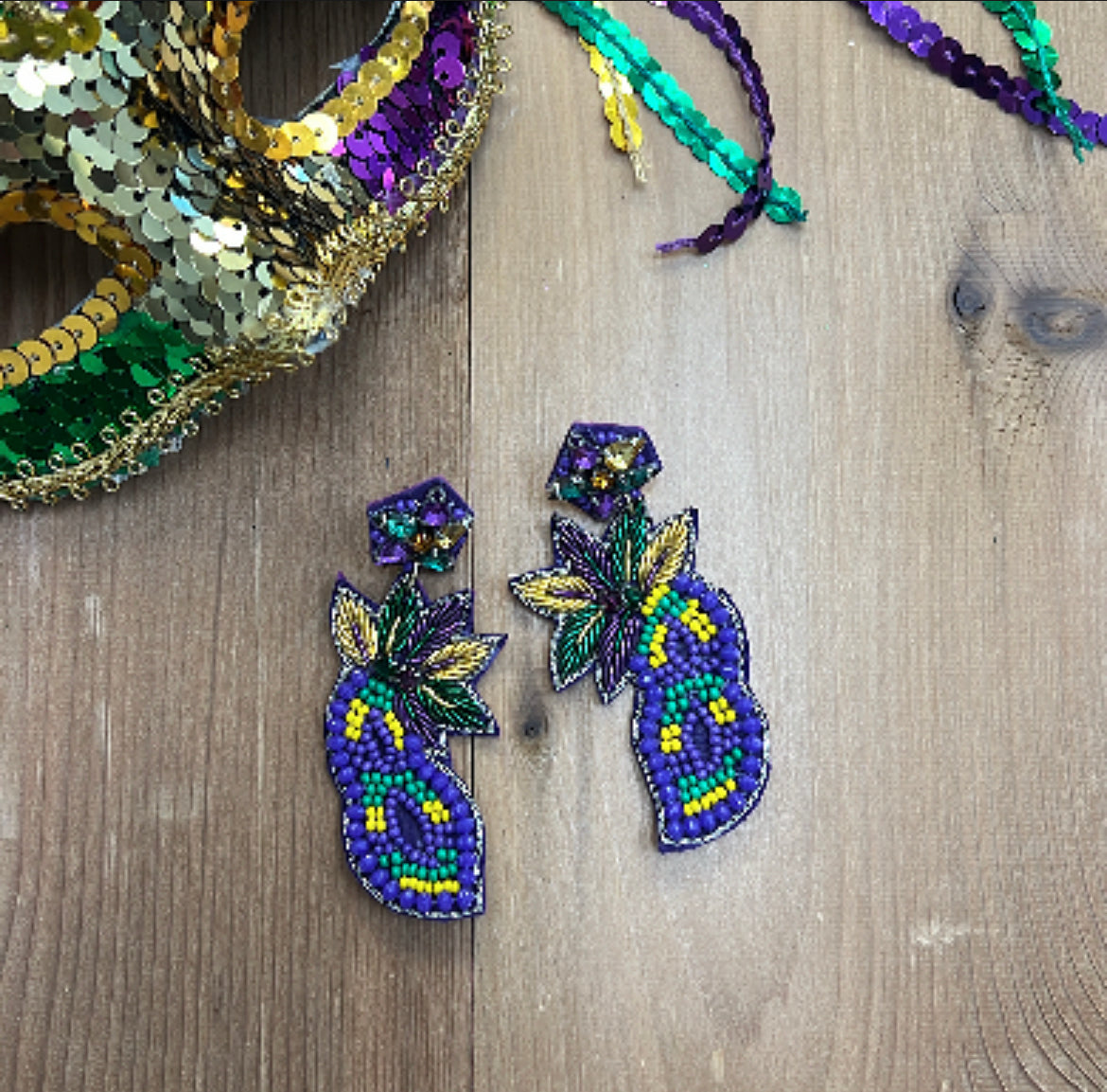 Mardi Gras Purple Mask Beaded Earrings