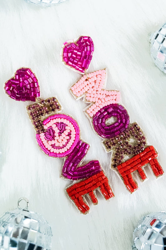 Pink 'LOVE AND MORE' Seed Bead Earrings
