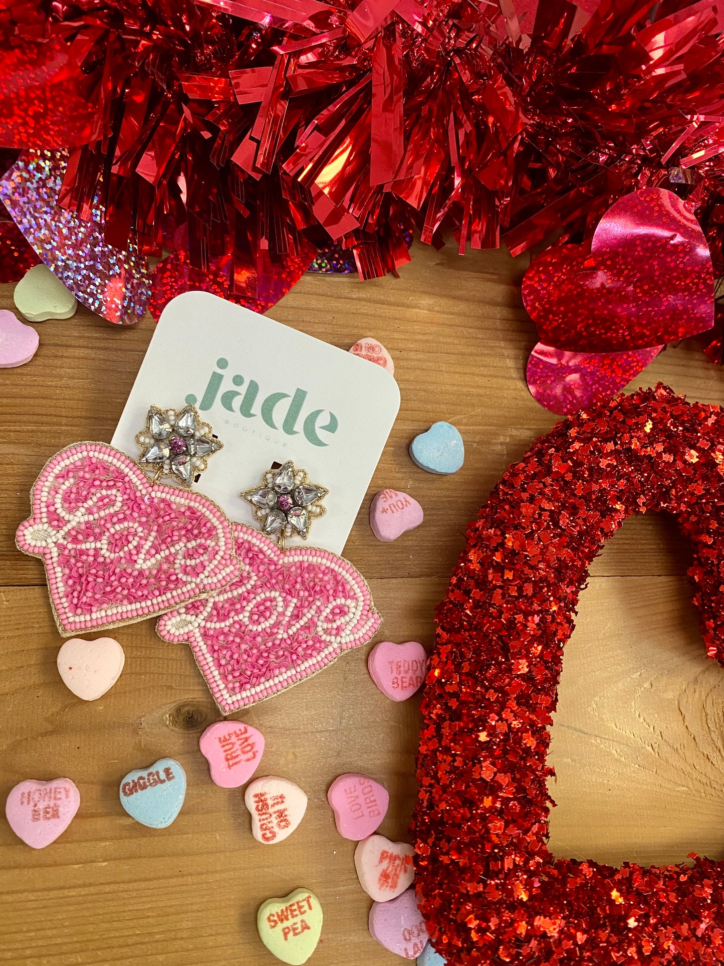 Pink 'Love' Heart Seed Bead Earrings
