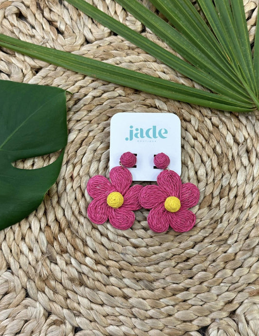 Hot Pink and Yellow Flower Earrings